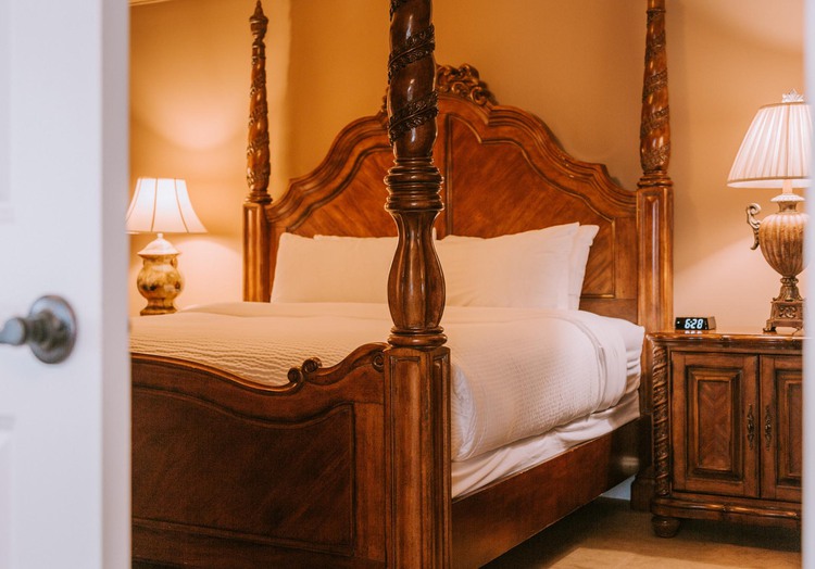 Bed with wood headboard